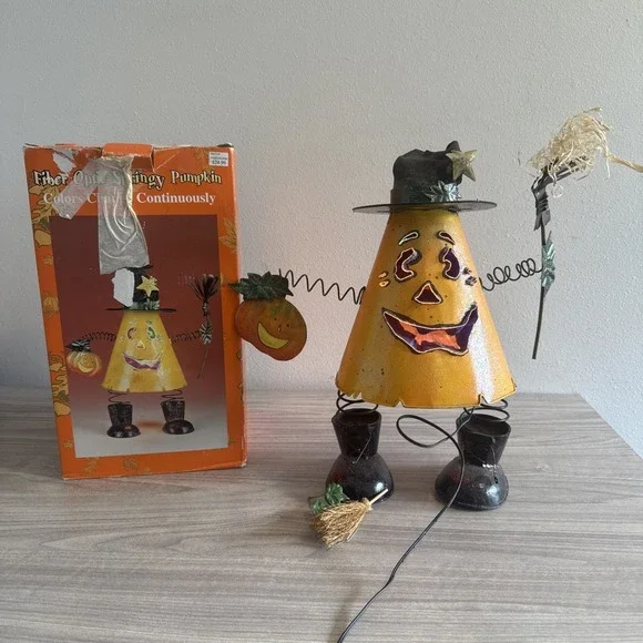 Vintage Fiber Optic Springy Pumpkin Collie Changing Halloween Decor W Box Tested
