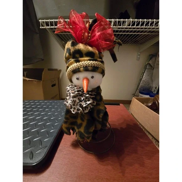 Leopard Print Plush Snowman Figurine Red Bow Metal Spring Base Holiday Decor