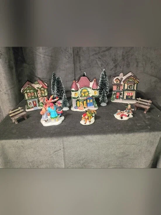 Ceramic Christmas Village 3 Buildings, 3 Figures, 7 Trees And 2 Benches EUC