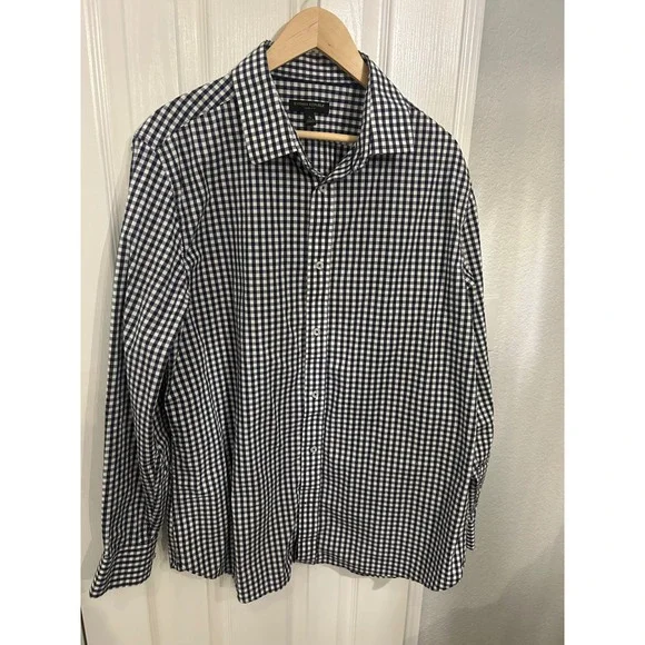 Banana Republic XL Slim‎ Fit Gingham Button Down Shirt Navy Blue White Stretch