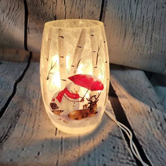 Stony Creek lighted glass jar. Snowman/deer