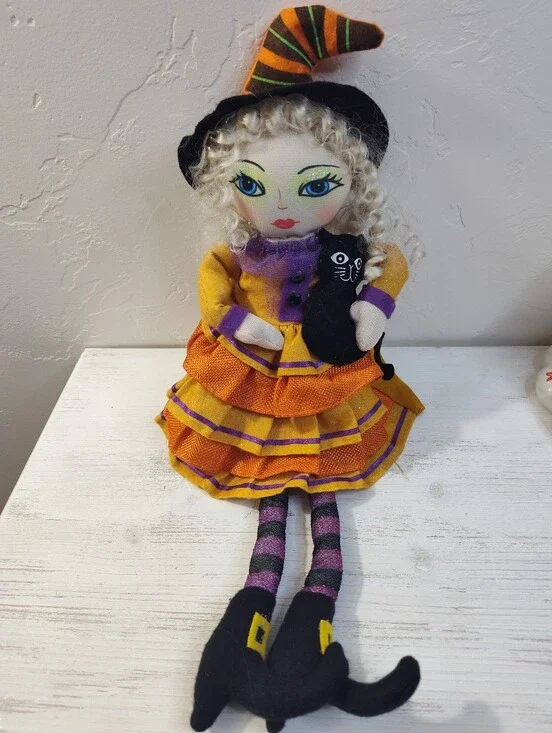 Vintage Cute Shelf Sitting Witch Doll With Black Cat