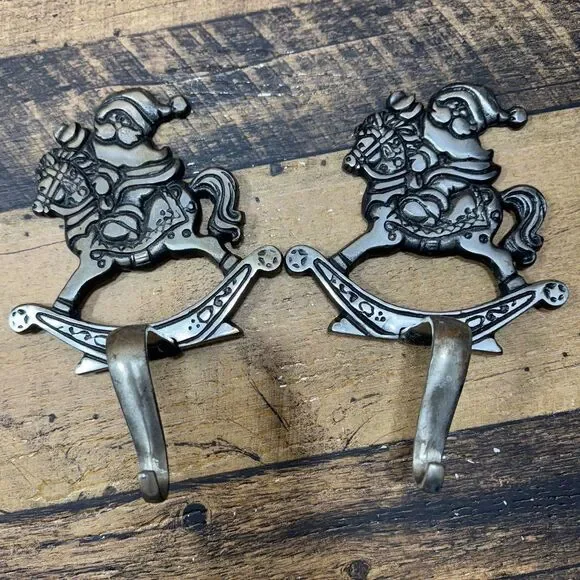 Vintage Santa Rocking Horse Decorative Metal Stocking Hangers Christmas Holiday‎
