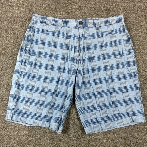 Banana Republic Mens Blue Plaid Cotton Flat Front Chino Shorts Size 35