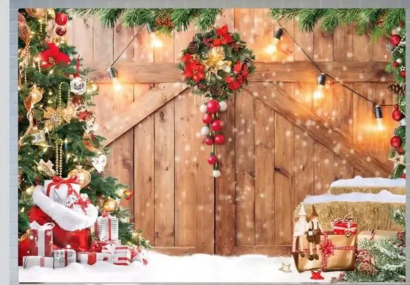 8x6FT Christmas Backdrop for Photography Winter Christmas Rustic Barn Wood Door
