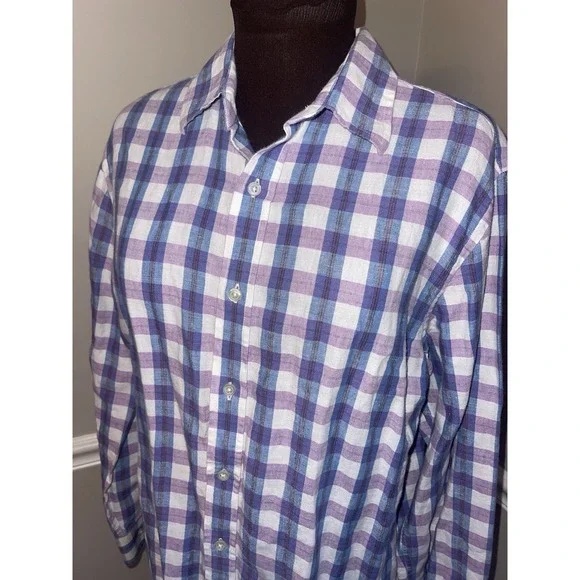 Banana Republic Plaid Purple Blue Linen Cotton Mens‎ Shirt Medium Roll Sleeve