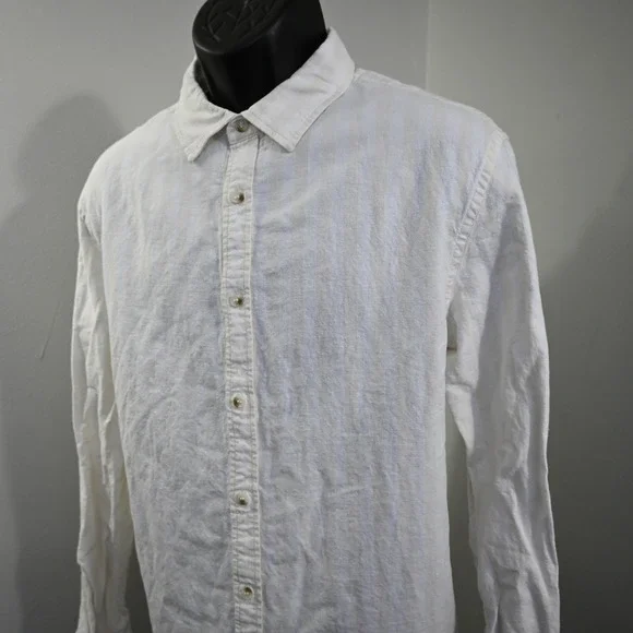 Banana‎ Republic Button Up Mens XL Untucked Fit White Striped Linen Cotton Shirt