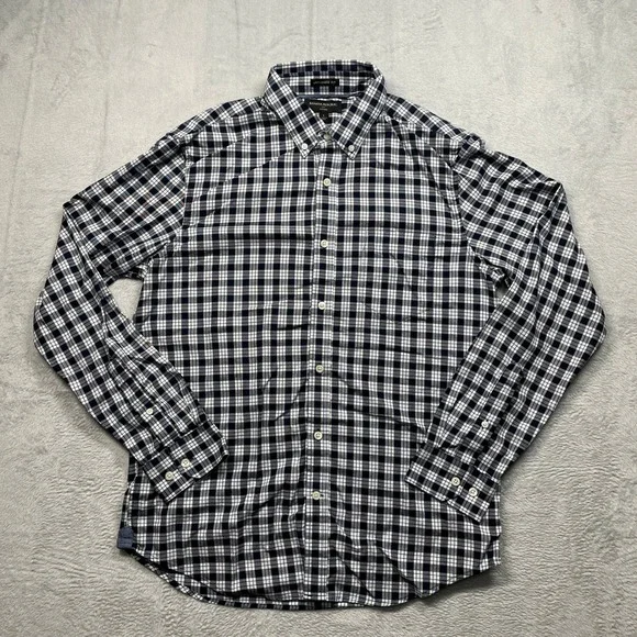Banana Republic Oxford Shirt Mens Large Navy White Plaid Untucked Fit Cotton