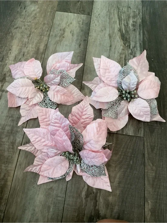 Pink Glitter Poinsettia Holiday Floral Sprigs - Set of 3