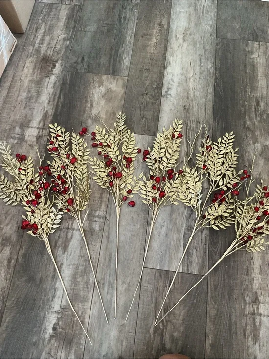 Gold and Red Holiday Berry Spray - Decorative Festive Picks