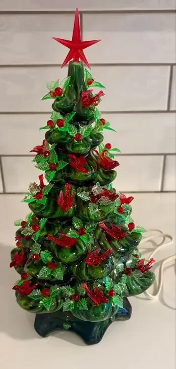 Vintage Ceramic Lighted Christmas Tree with Red Birds Cardinals