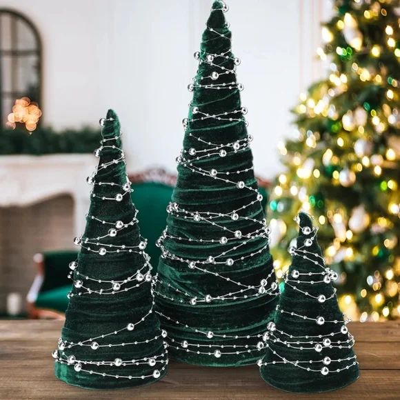 Christmas Holiday Decor. Green Velvet Trees with Silver Stars decor. 3 Pack. NWT