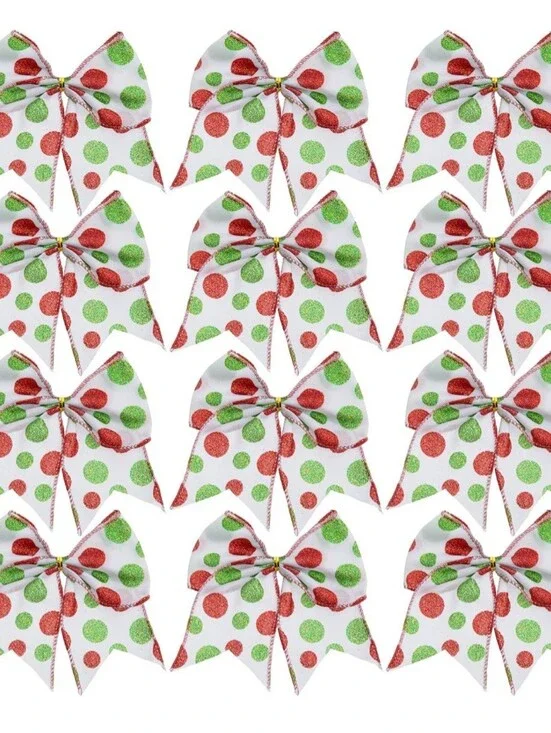 Festive Grinch Polka Dot Bows - White with Red & Green Glitter Dots (Set). NEW.