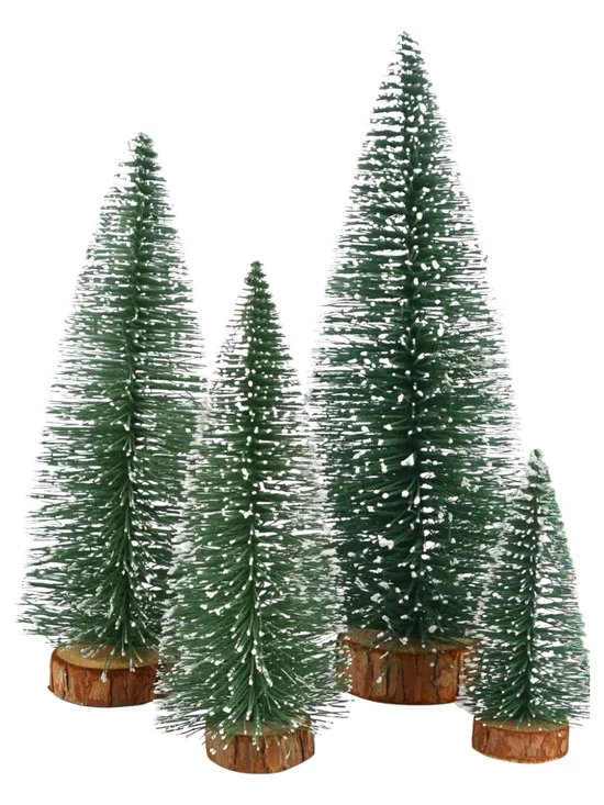 Green Bottle Brush Holiday 4 Piece Trees Set: Decorative Winter Centerpiece. NEW