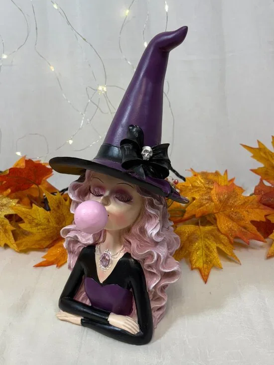 Halloween Chic Witch Blowing Bubble Gum Wearing Skull & Bow Statue New Decor New