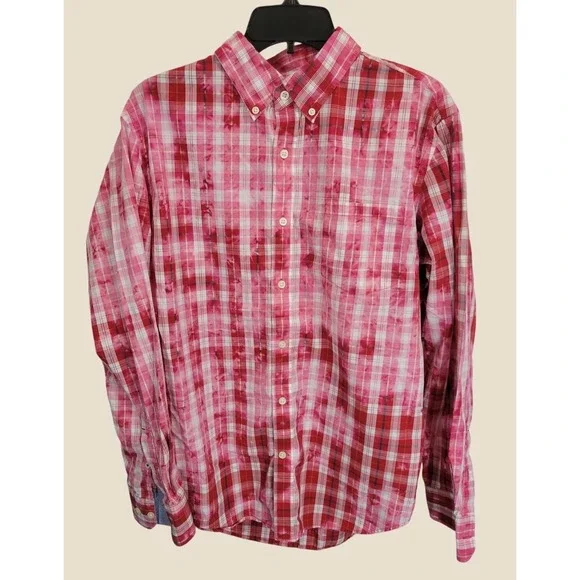 Banana Republic Shirt Slim Fit Plaid Tie Dye Distressed Grunge Red Mens Large L