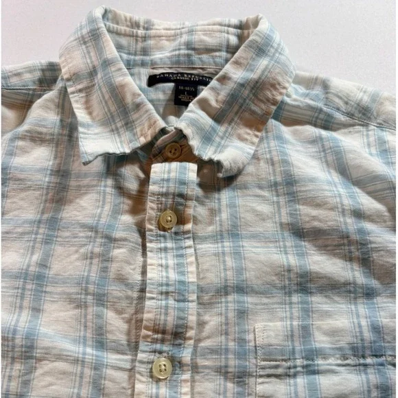 Banana Republic Plaid Shirt Mens Large Classic Fit Linen Cotton Blue Button Down