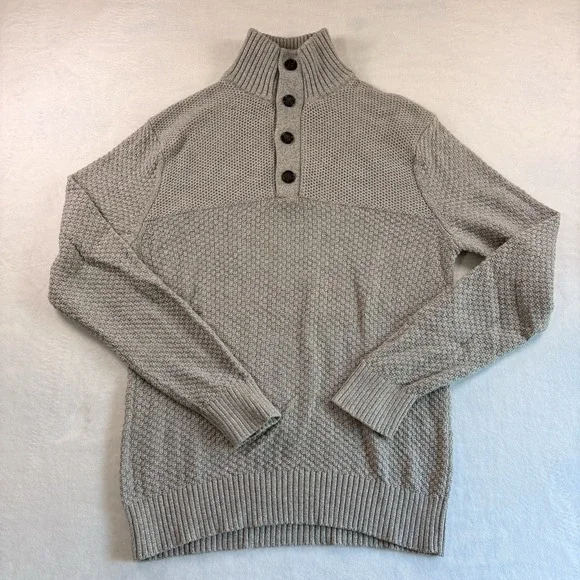 Banana Republic Sweater Mens Large Gray 1/4 Button Pullover Cotton Blend Knit