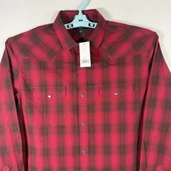 Banana Republic Shirt Mens Large Red Pearl Snap Western Plaid Slim Fit Cowboy