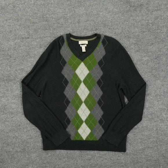 Banana Republic Sweater Mens Medium Green Argyle Luxury Blend Cashmere V-Neck