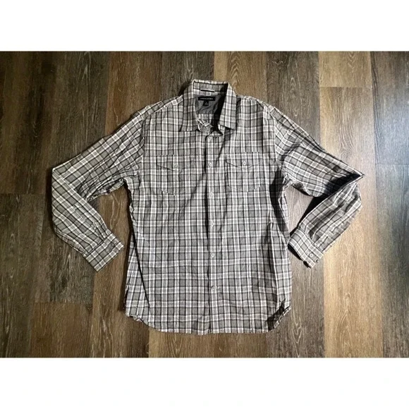 Banana Republic Plaid Button Down Mens Large Grey Excellent Long‎ Sleeve Pockets