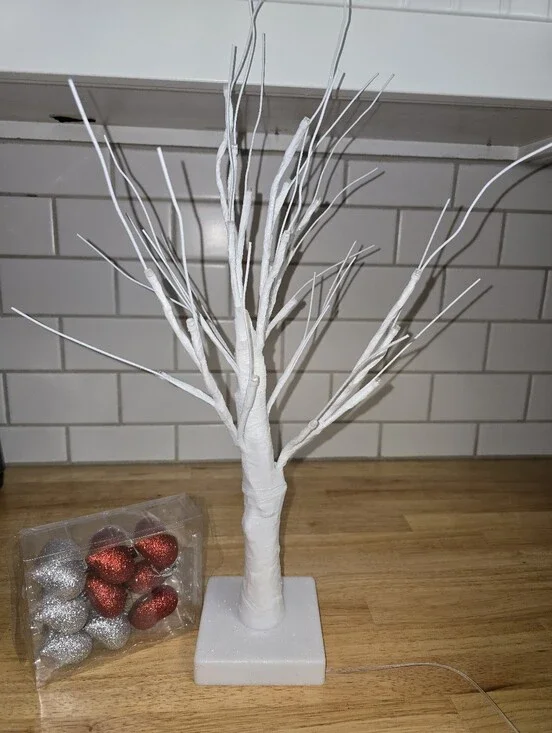 White Decorative Holiday Branch Light Tree with Red & Silver Ornaments
