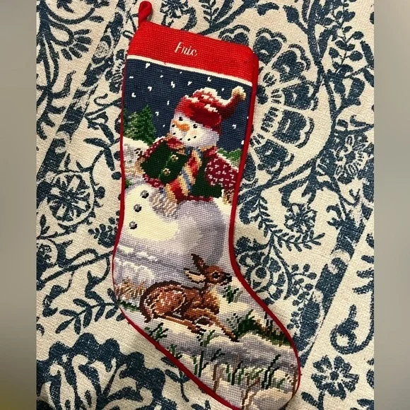 Vintage ERIC needlepoint Festive Snowman Christmas Stocking