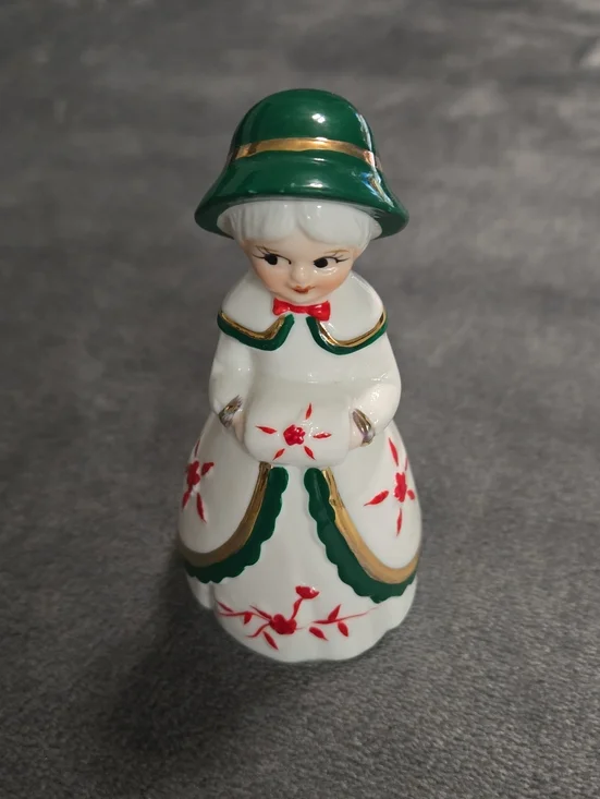 Vintage Christmas Winter Porcelain Lady Bell Green/White/Red