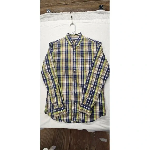 Banana Republic Slim Fit Plaid Button Down Shirt Mens Medium Green Blue Brown