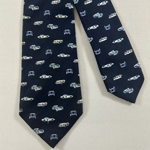 Banana Republic Necktie Mens Navy Blue Silk Vintage Sports Car Print Tie 62x3