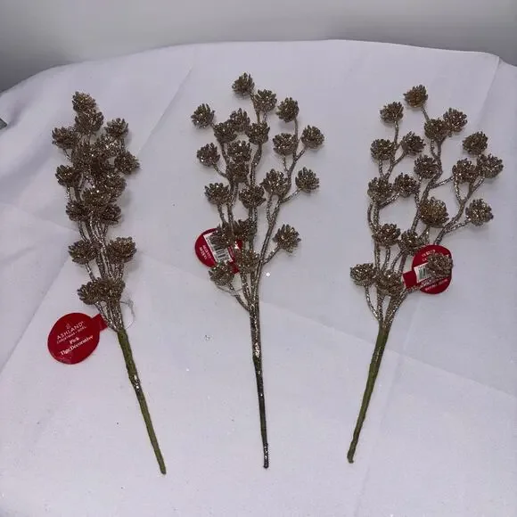 Glittery Gold Artificial Pine Cone Stems - Lot of 3