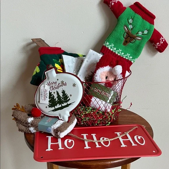 Holiday Cheer Gift Basket with ho ho ho sign Green and Red Decor ready to gift