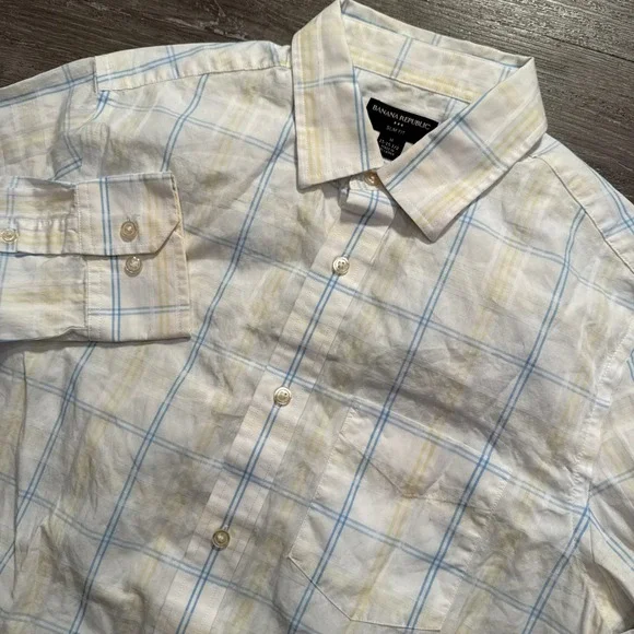 Banana Republic Shirt Mens M White Blue Yellow Cotton Slim Plaid Preppy Summer