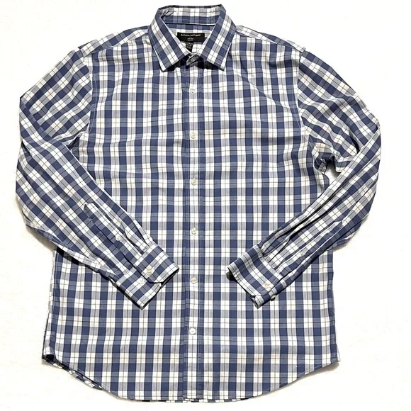 Banana Republic Blue and White Plaid‎ Men's Long Sleeve Dress Shirt Slim Fit L