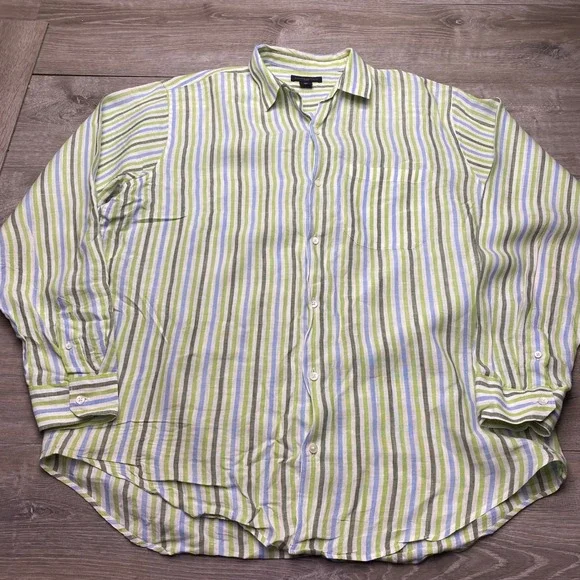 Banana Republic Shirt XL Men Green Blue Striped 100% Linen Long Sleeve Button Up