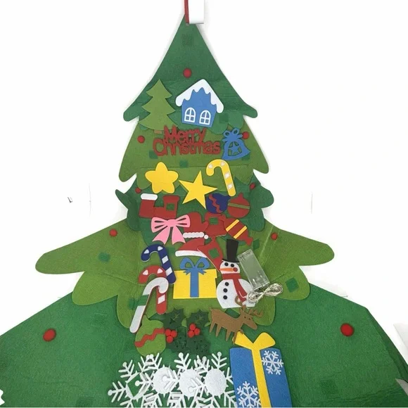 Green Felt Christmas Tree Hanging Wall Decor with Felt Ornaments LED Lights