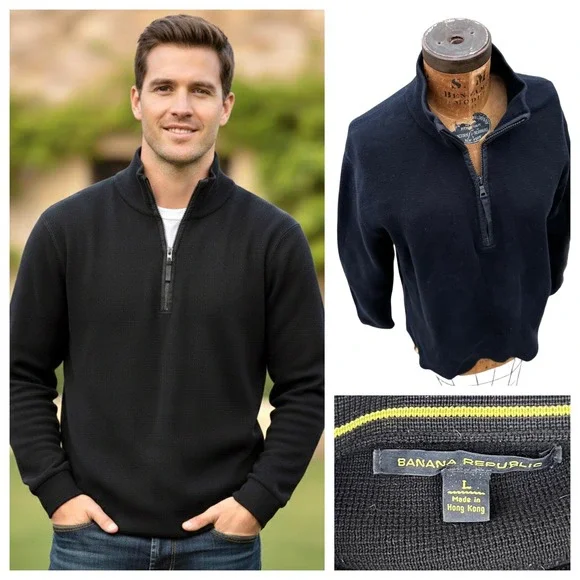 Vintage 90's Banana Republic 1/4 Zip Sweater Men‎ Elbow patch Cotton Black Large