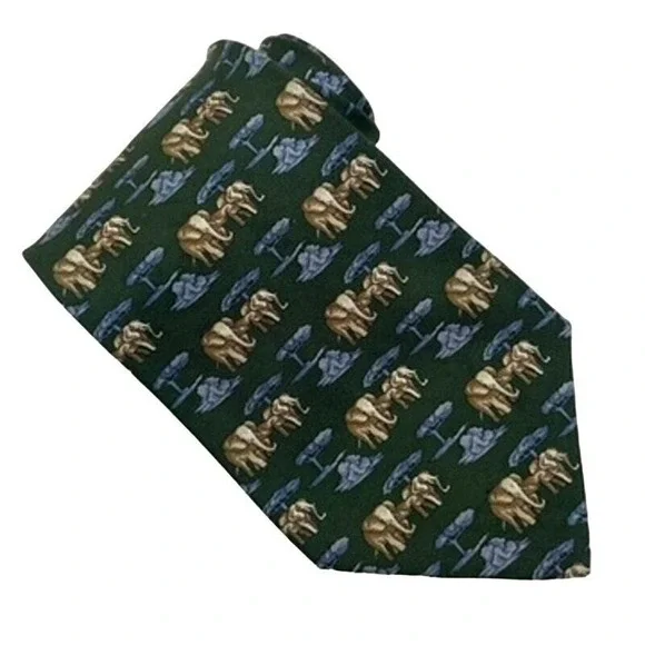 Banana Republic Italy Necktie Oliver Green‎ Novelty Elephants Print 4