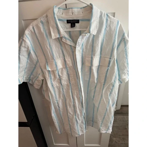 Banana Republic Mens XL Linen Cotton Striped Short Sleeve Button Down Shirt Blue
