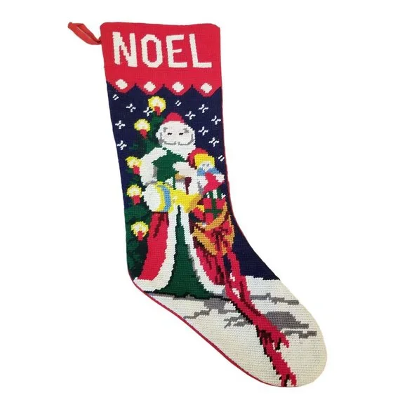 Santa Needlepoint Stocking Winter Holiday‎ Decor NOEL Father Christmas 21 in