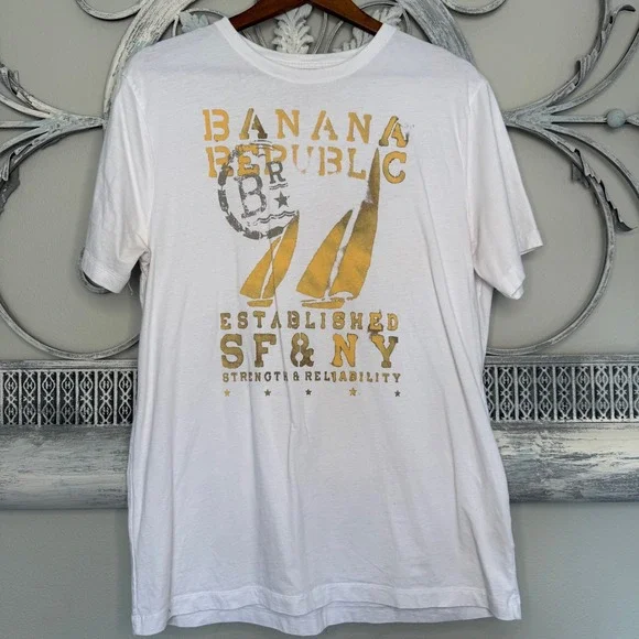 Banana Republic Mens White‎ Graphic Tee Sailboat SF NY Cotton Shirt Large EUC