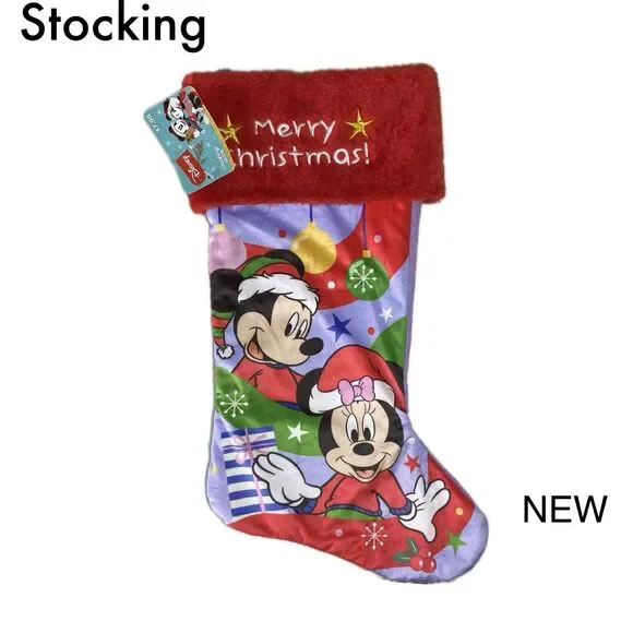 Disney Mickey and Minnie Mouse Christmas Stocking Red Faux Fur Cuff Purple NWT