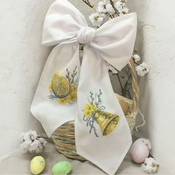 Easter White Bow with Yellow Embroidery for Easter basket