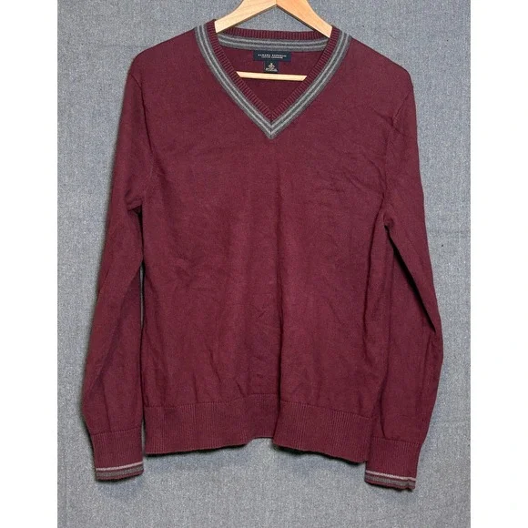 Banana Republic Mens V-Neck Sweater‎ Burgundy Cotton Cashmere Striped Trim Sz M