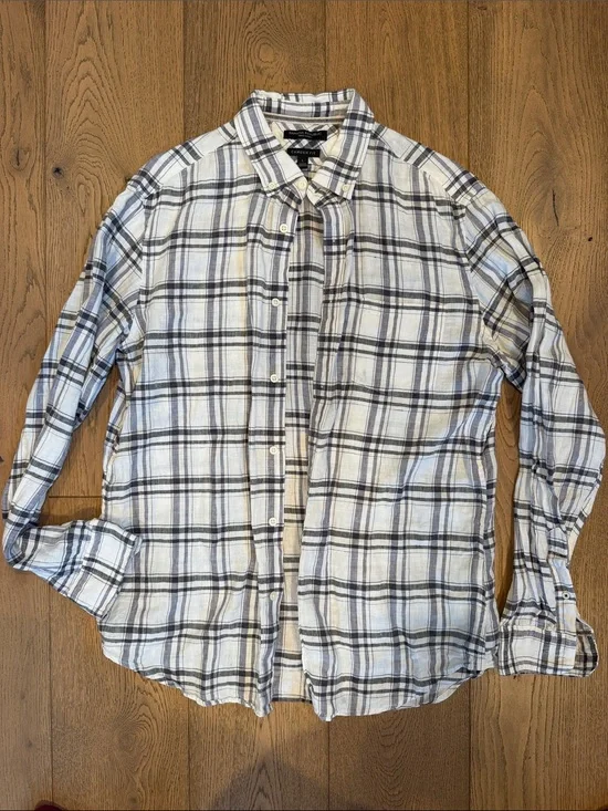 Banana Republic Linen Button-Down Plaid Shirt - White & Black