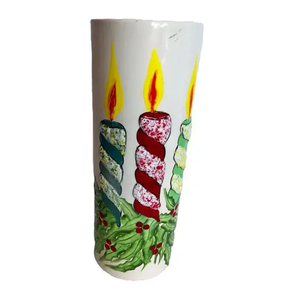 Vintage Christmas Ceramic Cylinder Vase, Hand Painted Holiday Candles Holly