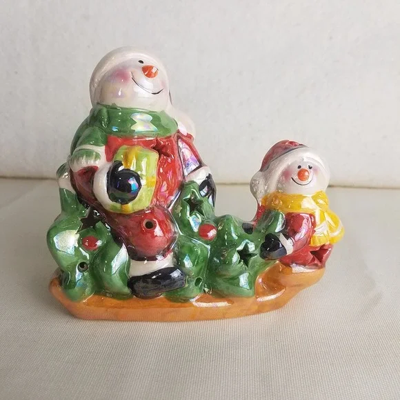 Ceramic Sledding Snowmen Christmas tree Light Up‎ Winter Holiday Decor