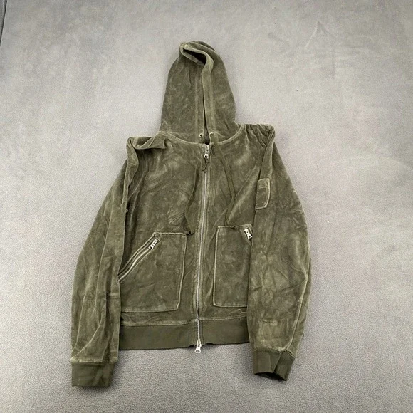 Banana Republic Mens XL Velour Full Zip Hoodie Olive Green Ribbed Utility Pocket