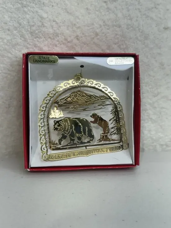 Glacier National Park State Landmarks Souvenir Christmas Ornament 24K Gold Brass