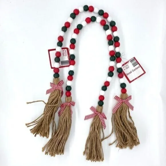 Holiday Christmas Decorative Wood Beaded Tassel Garland New